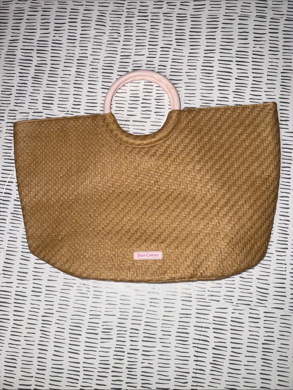 Juicy Couture Tan Woven Tote with Pink Round Handles